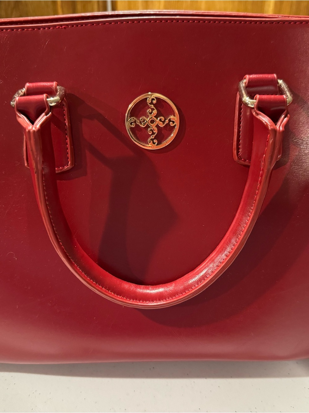 Stauer Red Leather Satchel with Gold accents and shoulder strap